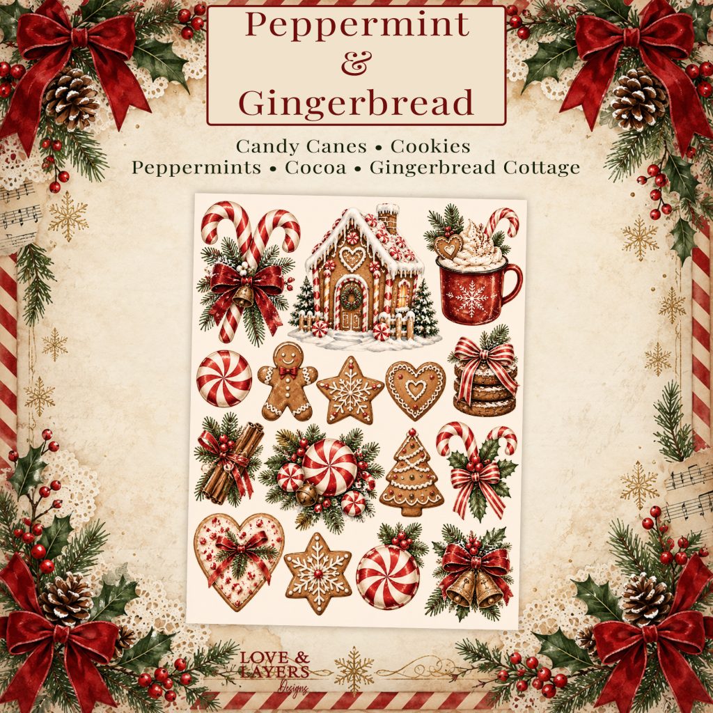 Peppermint and gingerbread sheet with candy canes, cookies, cocoa and a gingerbread cottage