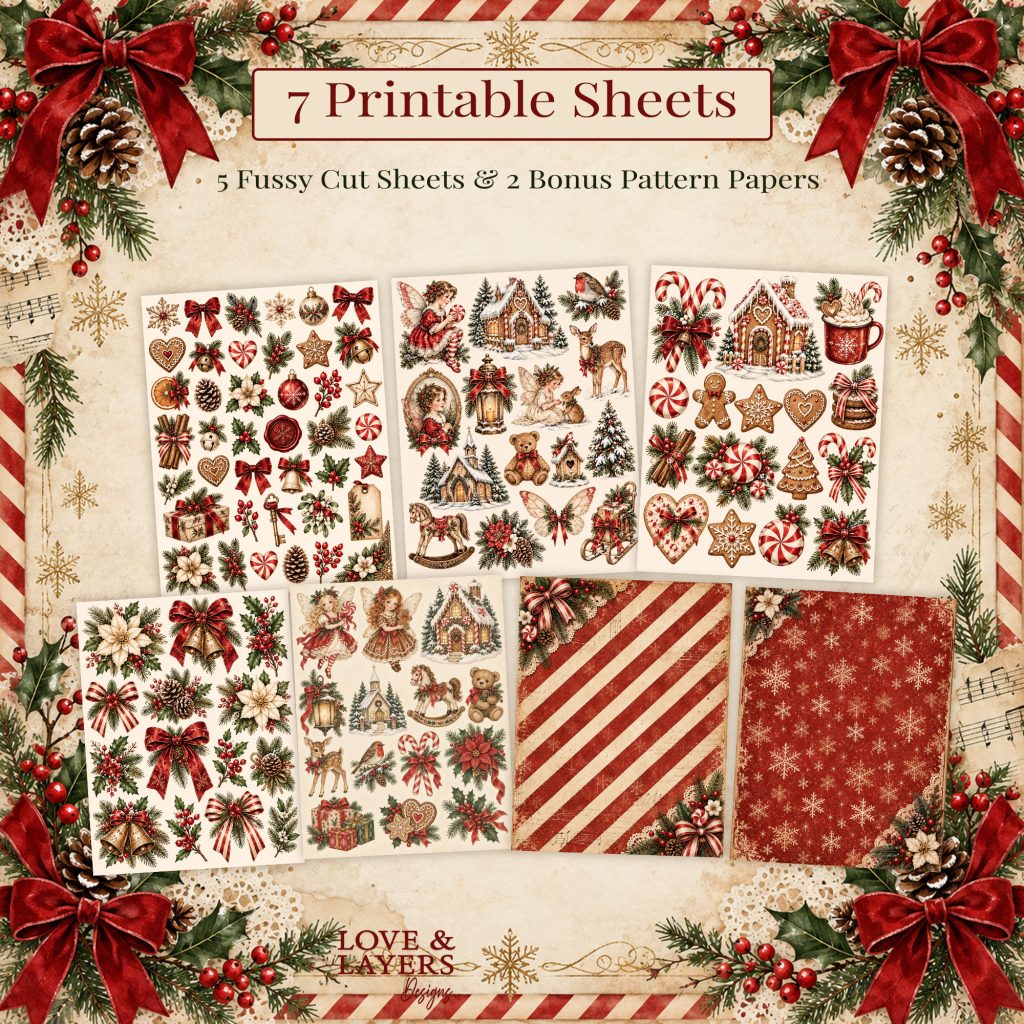 Seven printable sheets: five Peppermint & Pine fussy cut sheets and two bonus pattern papers