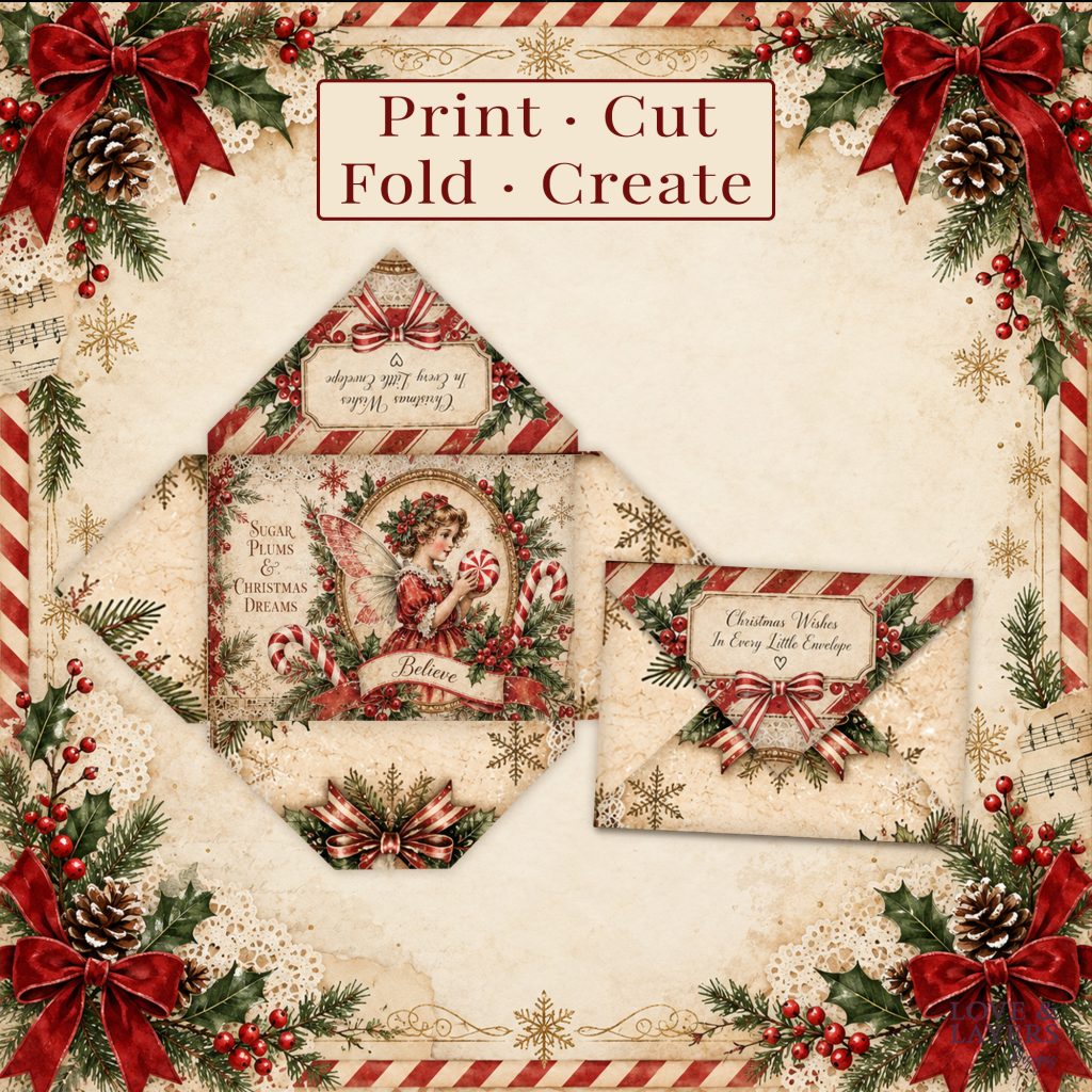 A flat printable fairy envelope template beside the finished folded envelope with a striped bow flap