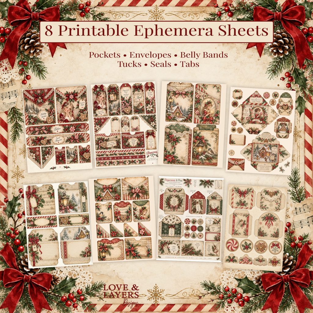 Eight printable sheets of Christmas pockets, envelopes, belly bands, tuck spots, seals and tabs in red, green and cream