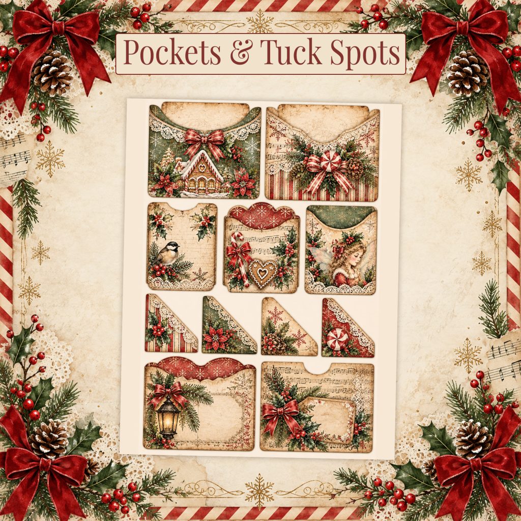 Printable pockets and tuck spots sheet with a gingerbread cottage, peppermint bow, chickadee, fairy and lantern designs