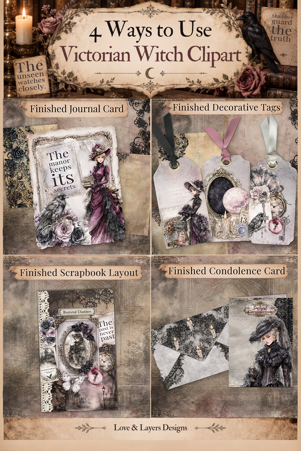 Pinterest pin: 4 ways to use Victorian witch clipart in junk journals, tags, scrapbook pages, and cards