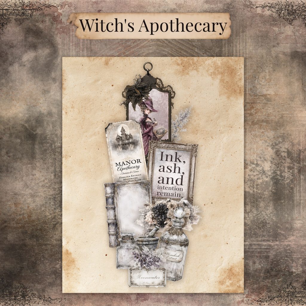 Witch's apothecary junk journal page with a Manor Apothecary label, glass bottles, a mortar and pestle, and a Victorian lady in plum