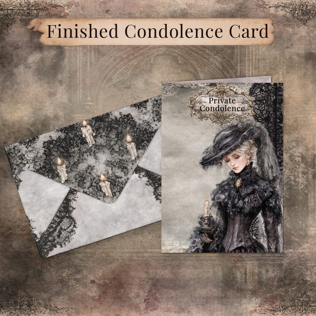 Finished gothic Victorian condolence card with a matching black lace and candle envelope