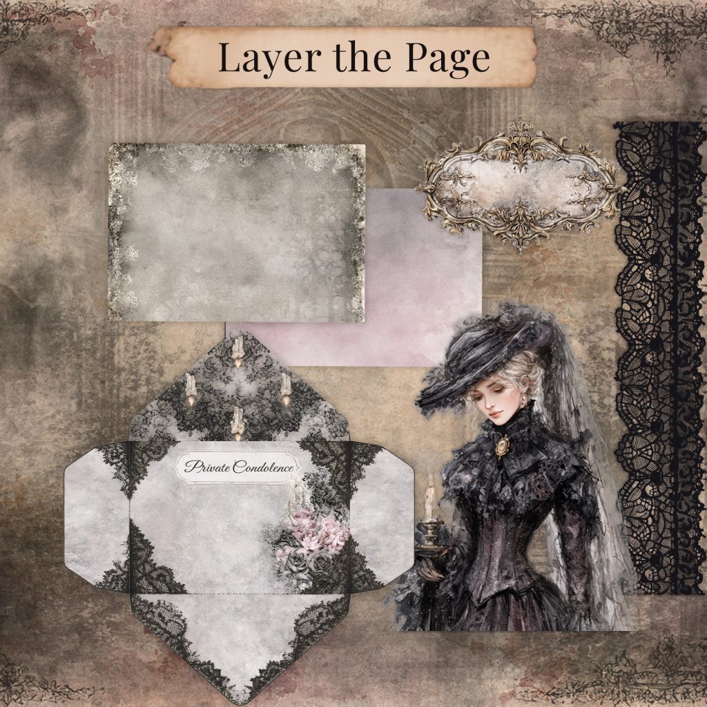 Condolence card layers: grey paper, ornate label, black lace strip, and Victorian lady with candle