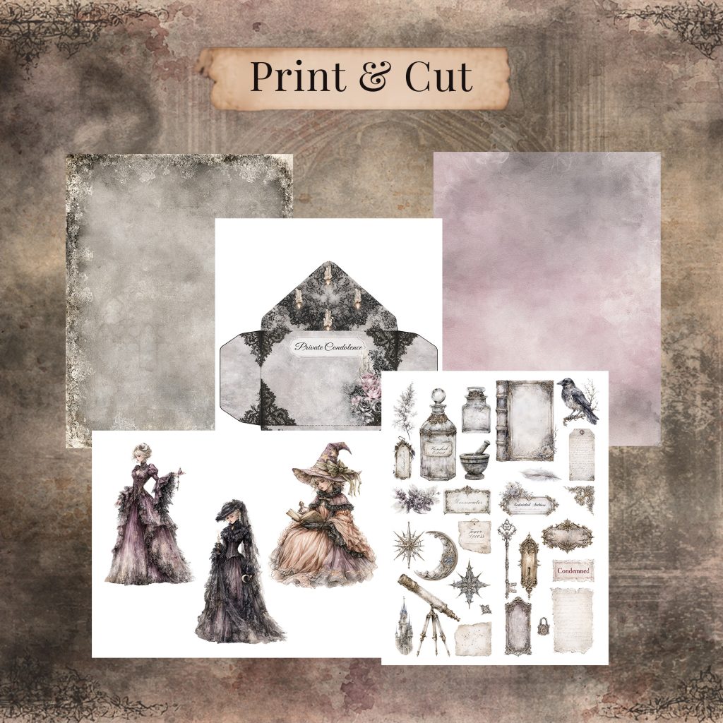 Printable condolence card papers, envelope template, and Victorian mourning lady clipart