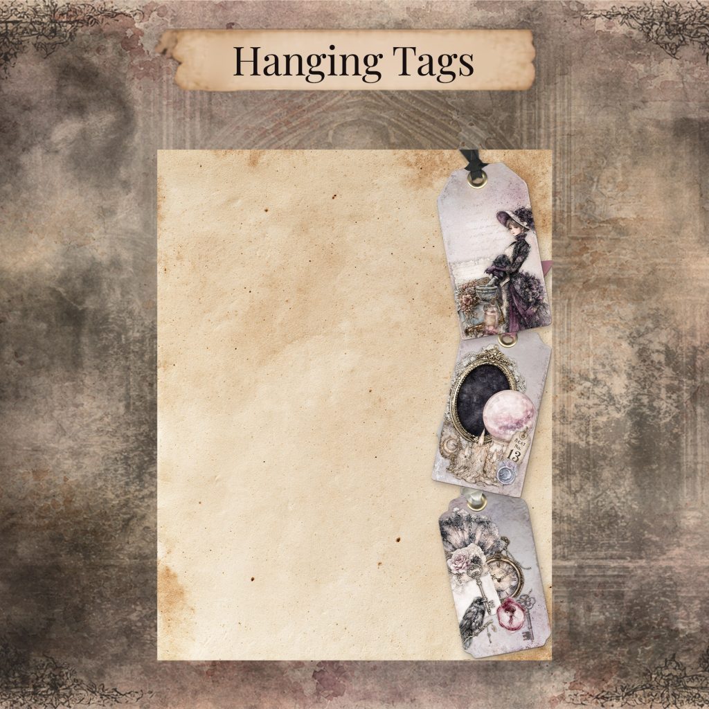 Three hanging gothic tags with black, mauve, and cream ribbons, showing a Victorian lady, a mirror with a crystal ball, and a fan with a pocket watch and raven