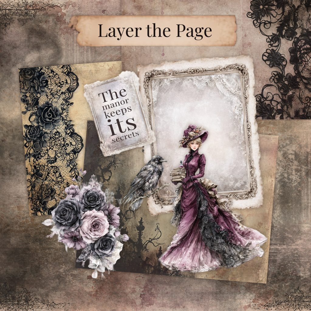 Cut-out gothic ephemera pieces including a Victorian lady in plum, a raven, black roses, and a quote card