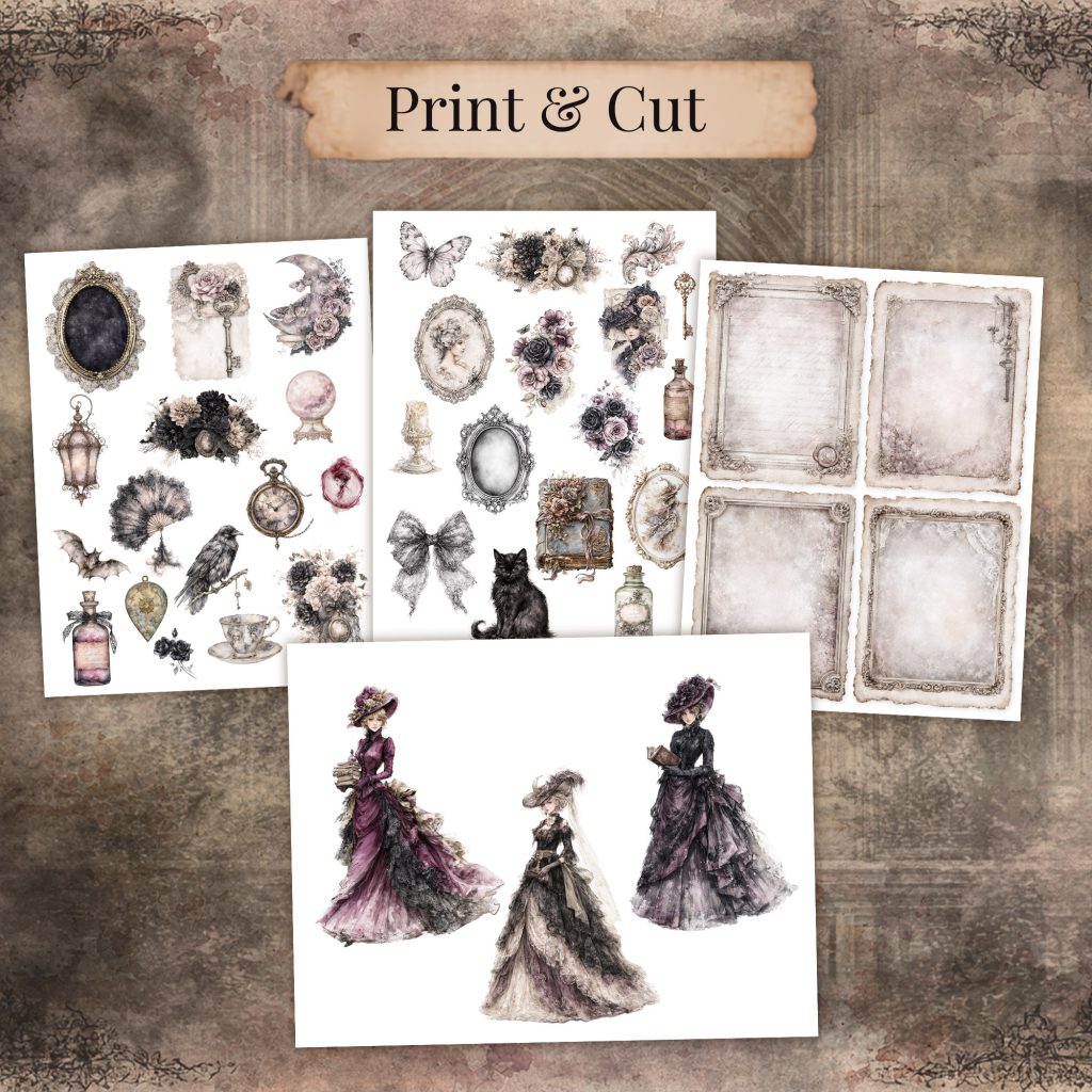 Printable Victorian journal card sheets, gothic ephemera, and lady clipart ready to print and cut