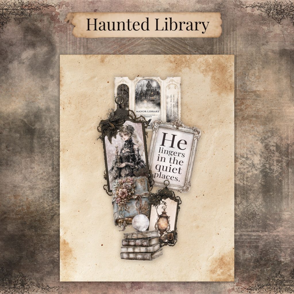 Haunted library junk journal page with a Manor Library permit, stacked books, a lantern tag, and a quote card