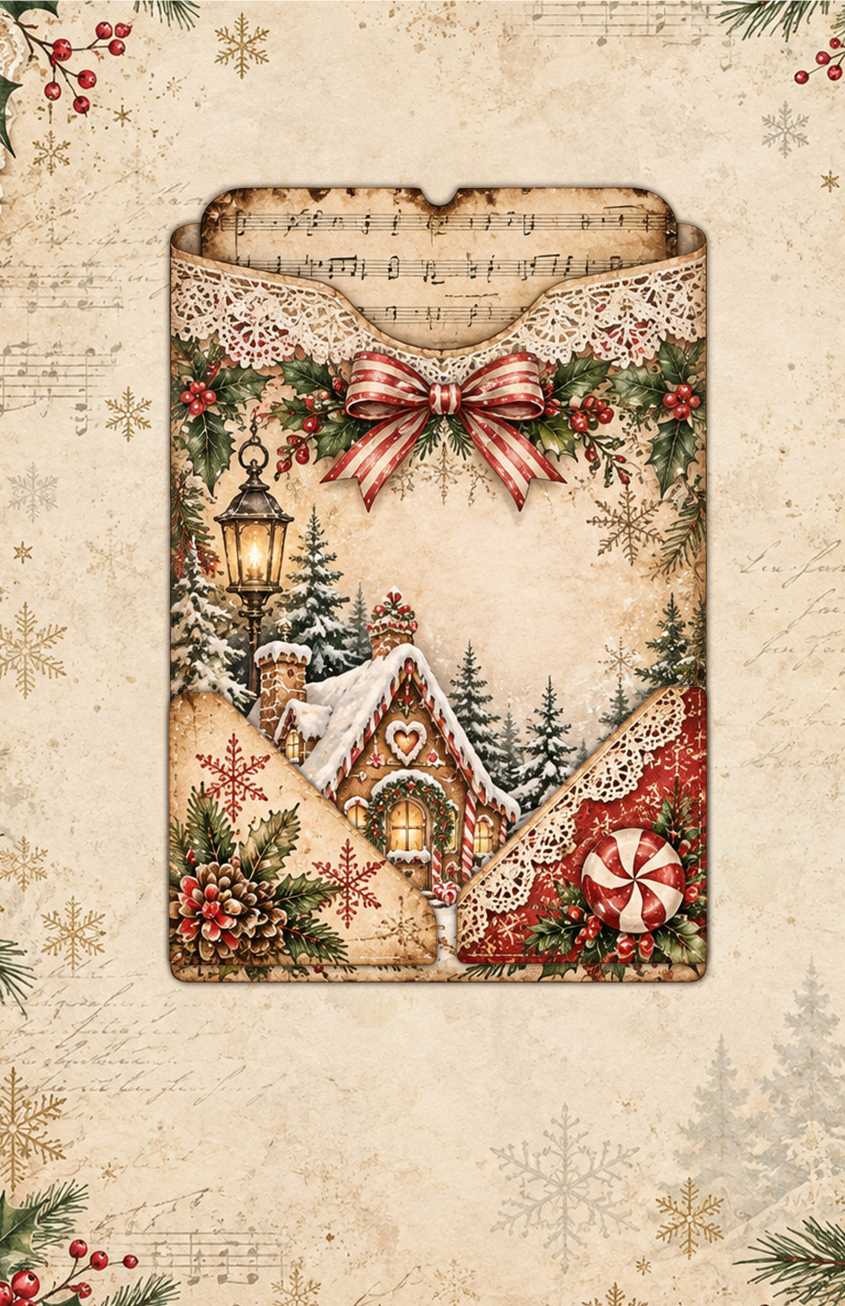 Christmas journal pocket with tucks and a gingerbread house scene, ready to be glued