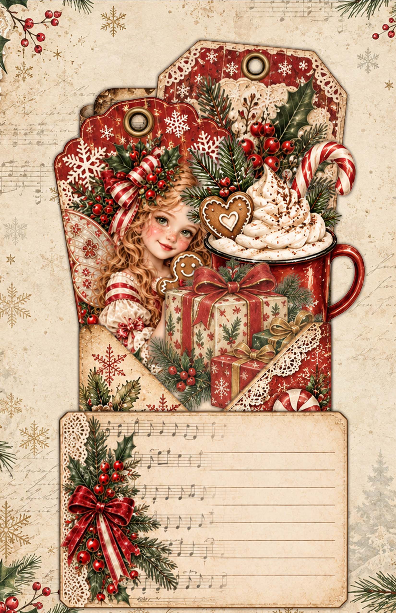 Journal tags and fussy cuts tucked into the Christmas pocket