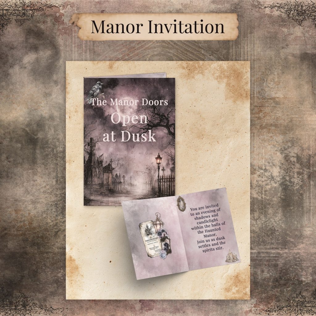 Gothic Halloween invitation card with a moonlit cemetery cover reading The Manor Doors Open at Dusk and an inside page with a ticket, lantern, and framed lady