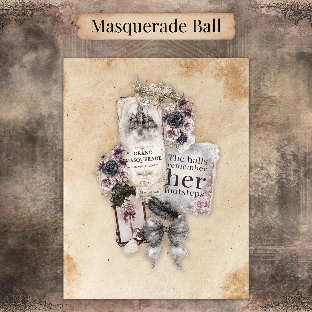 Masquerade junk journal page with a Grand Masquerade ticket, a silver mask, dark roses, a lace bow, and a feather