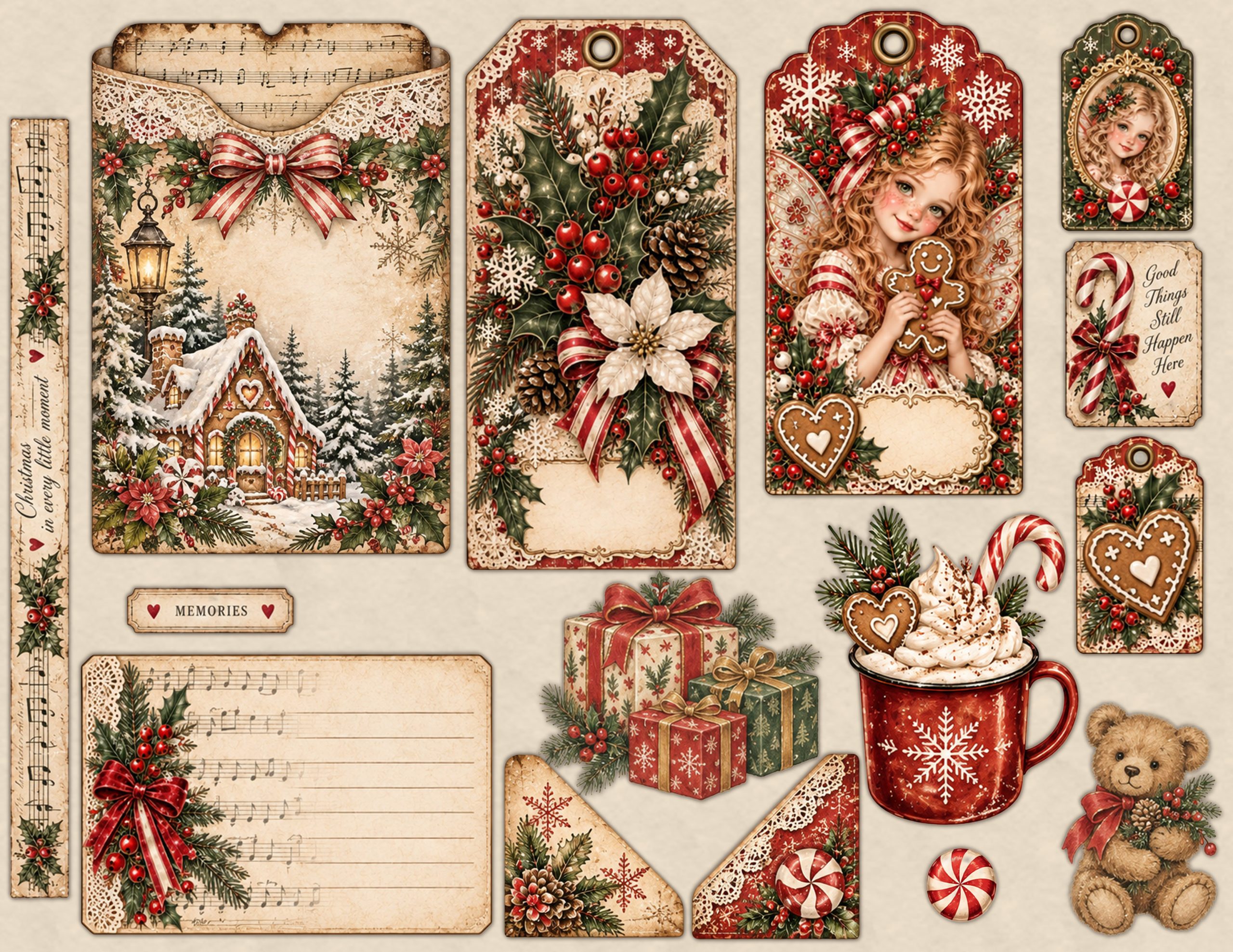 All the printable pieces needed for a Christmas journal pocket: pockets, tags, fussy cuts, and a band