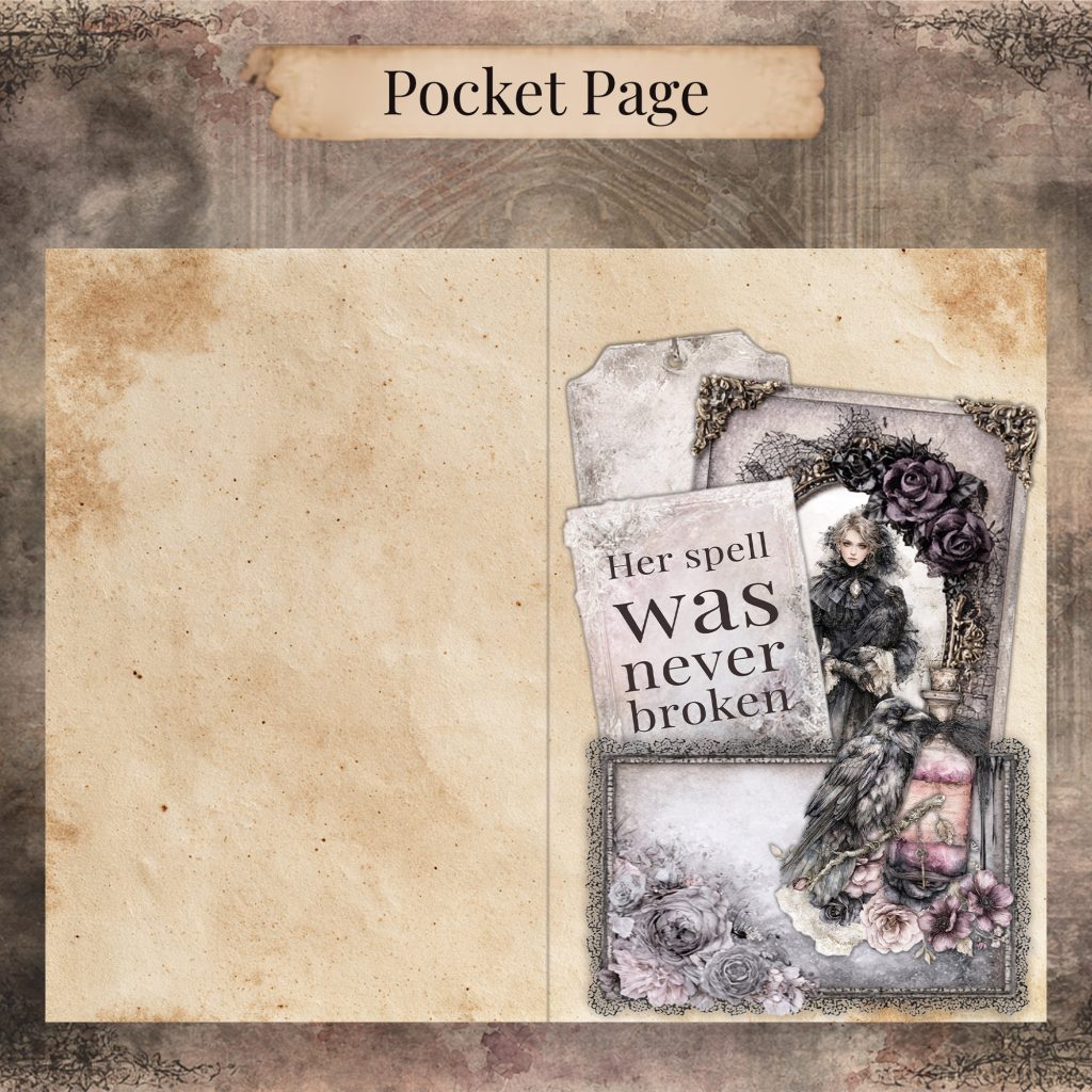 Pocket page junk journal spread with a lace-edged pocket, a gothic tag, a framed Victorian lady in black, a raven, a pink bottle, and a quote card