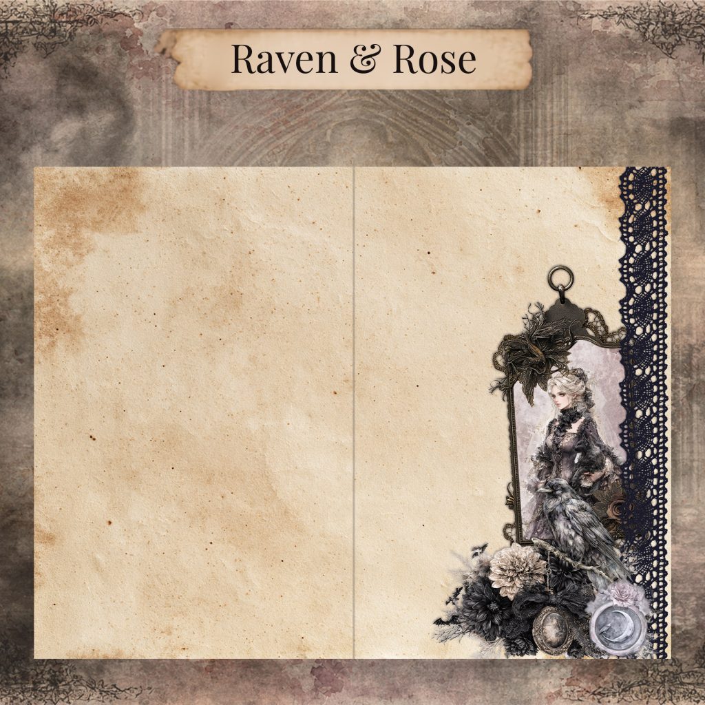 Raven and rose junk journal page with a framed lady in black, a raven on a branch, black dahlias, a cameo, a moon wax seal, and black crochet lace