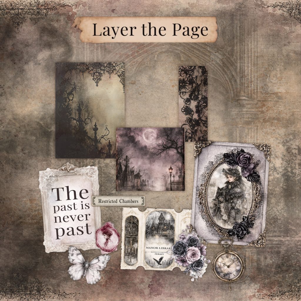 Gothic scrapbook page layers arranged before assembly, with papers, a quote card, ticket, and ephemera