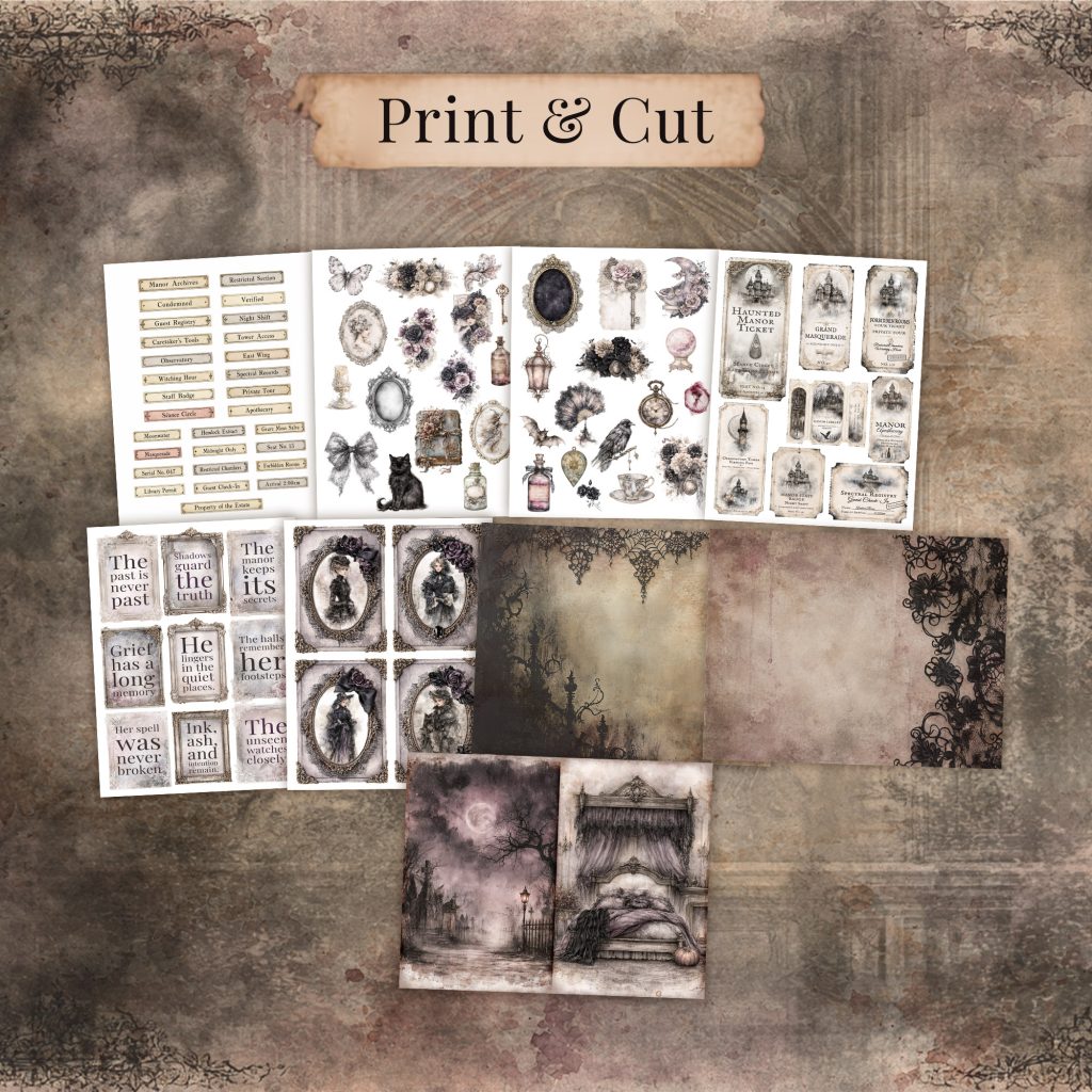 Printable gothic scrapbook papers, label strips, quote cards, tickets, and framed portraits