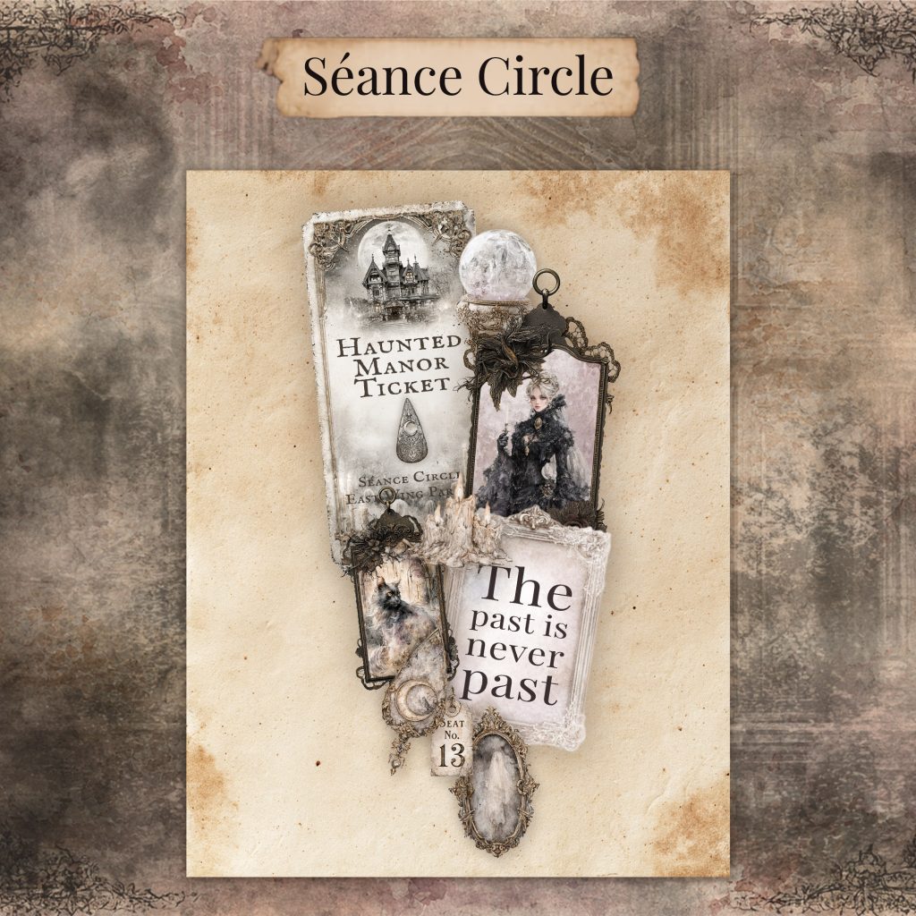 Séance junk journal page with a crystal ball, candles, a Seat No. 13 tag, a black cat tag, and a Victorian lady in black holding a candle
