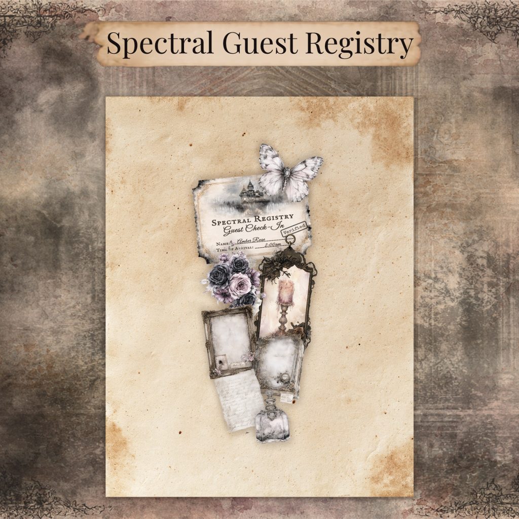 Spectral guest registry junk journal page with a Guest Check-In card, a butterfly, black roses, a candle tag, and ornate frames