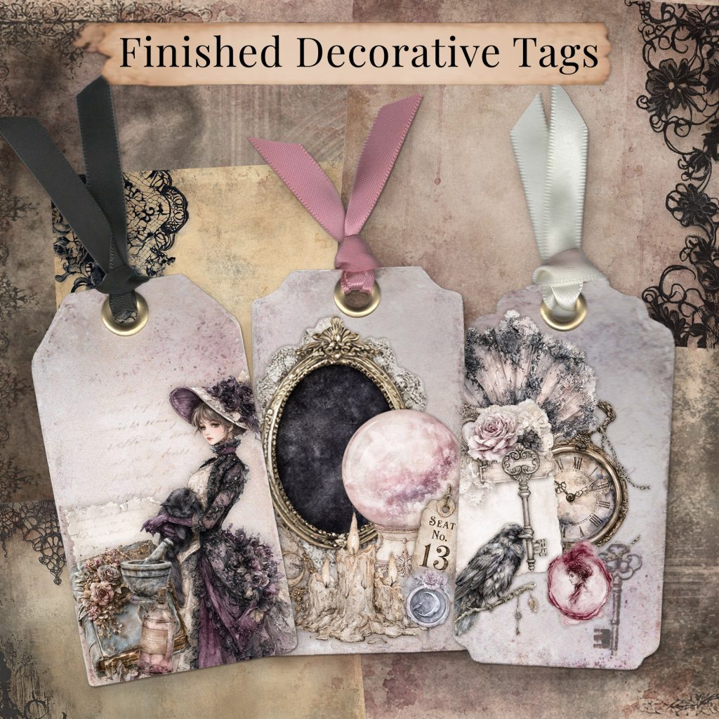 Three finished decorative gothic tags with black, mauve, and cream ribbons