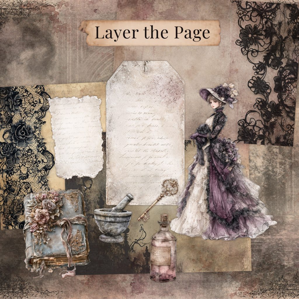 Blank tag base with Victorian lady, mortar and pestle, key, and bottle ephemera ready to layer