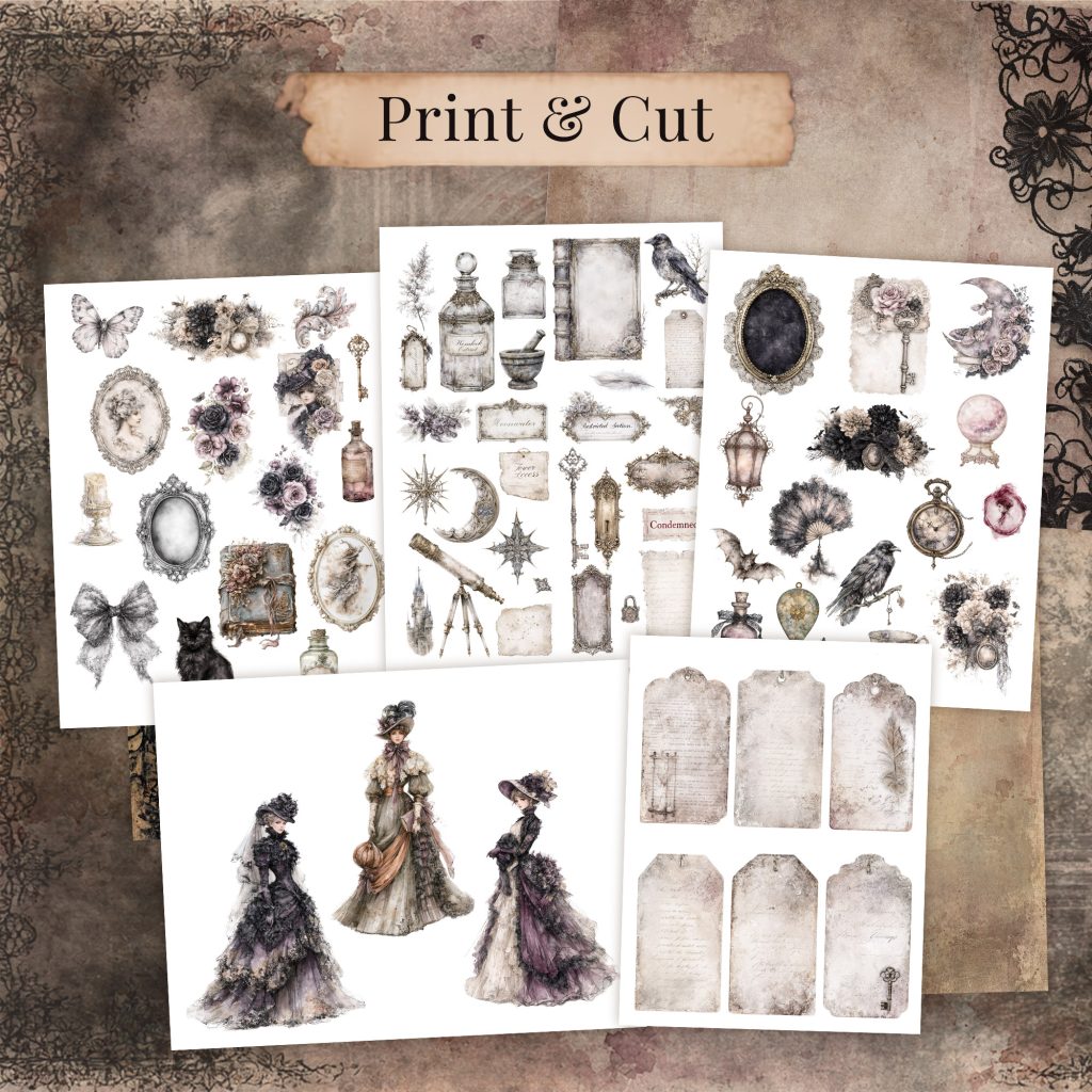 Printable gothic tag sheet with Victorian ephemera and lady clipart ready to print and cut