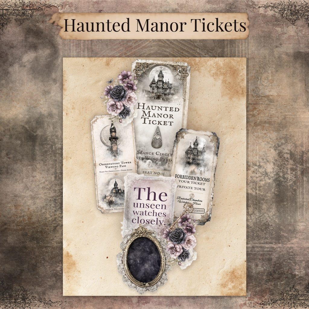 Junk journal page with Haunted Manor tickets, an observatory pass, a Forbidden Rooms ticket, a quote card, and a lace-framed black mirror