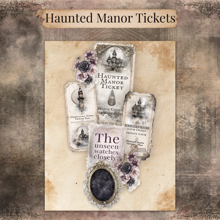 Junk journal page with Haunted Manor tickets, an observatory pass, a Forbidden Rooms ticket, a quote card, and a lace-framed black mirror