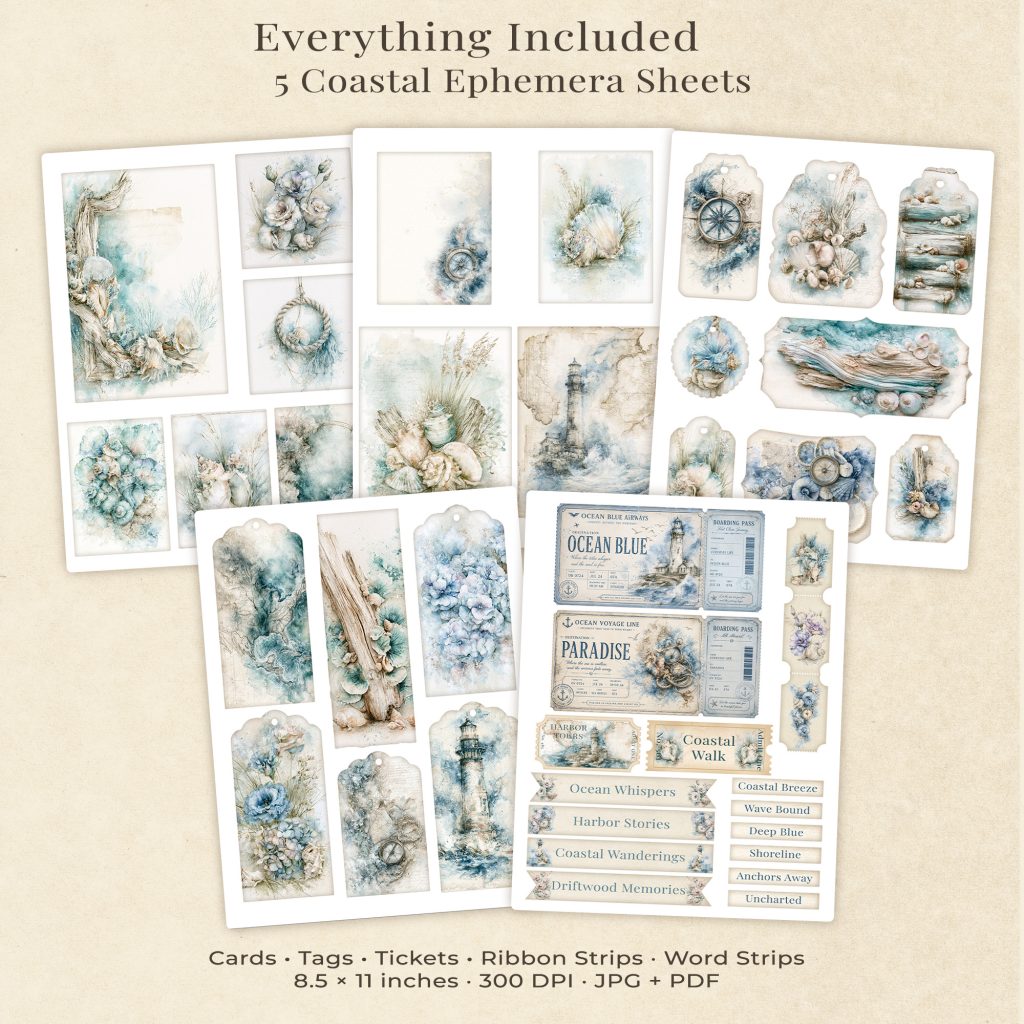 All 5 sheets included in the Coastal Ephemera Printable Pack - journal cards, nautical compass tags, and vintage ticket strips
