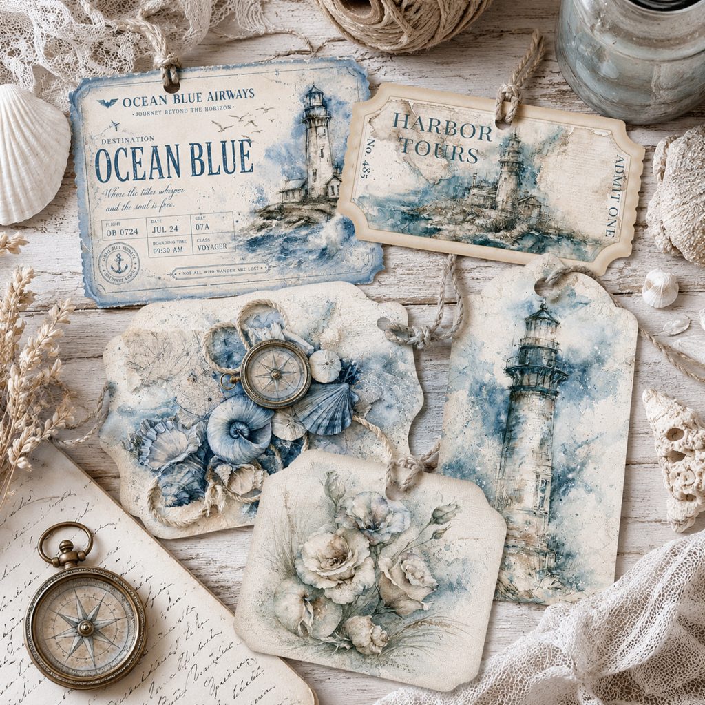 Coastal ephemera printable sheets styled with vintage nautical tickets, compass tags, and watercolor journal cards on a rustic wood background