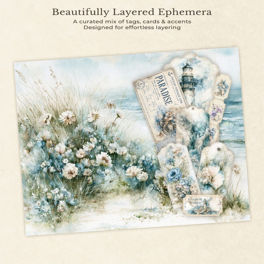 Beautifully layered coastal ephemera - stacked nautical tags, vintage tickets, and watercolor journal cards designed for junk journaling