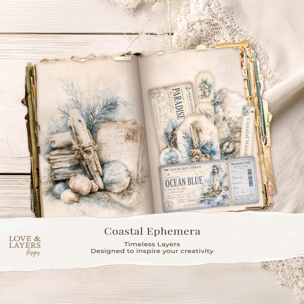 Coastal Ephemera printable pack used in an open junk journal - vintage nautical tickets and watercolor cards layered on journal pages