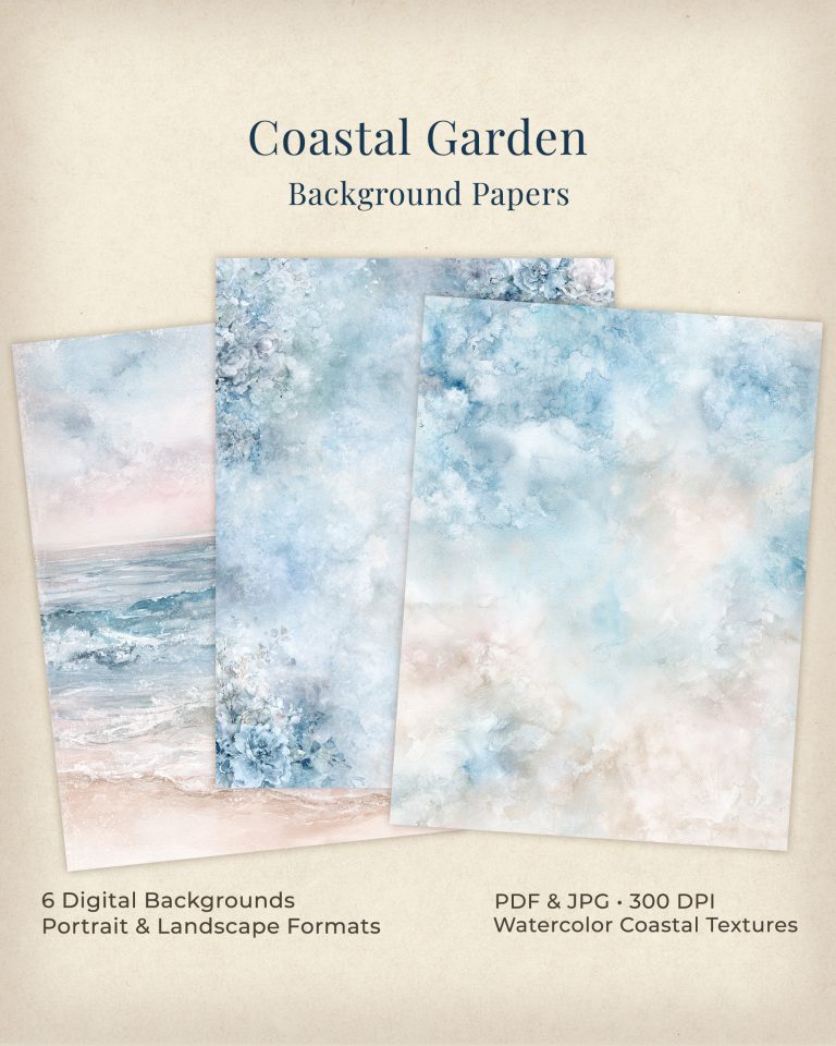 Coastal garden printable background papers for junk journals in ocean hues with soft florals and coastal textures