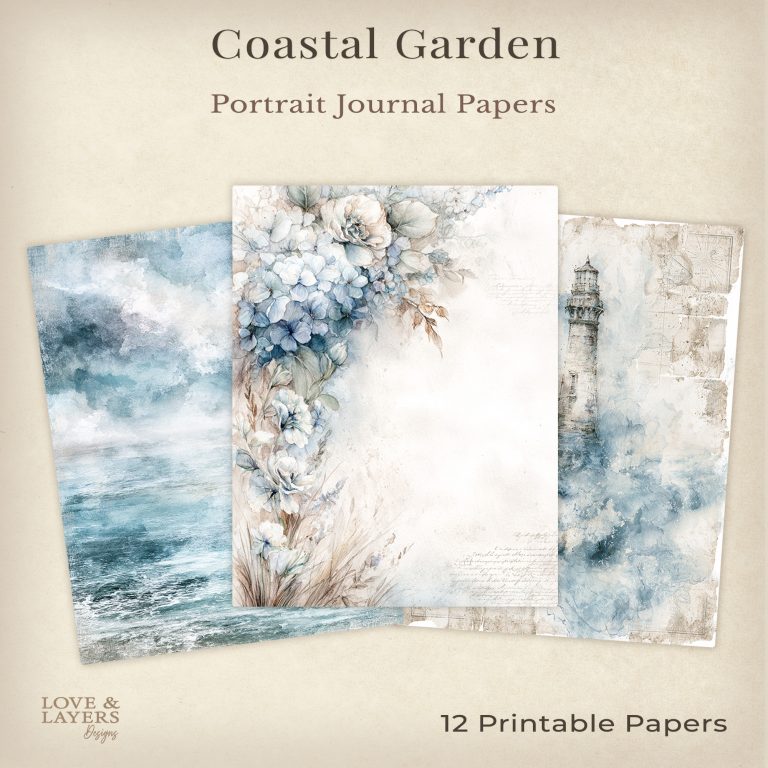 Coastal garden portrait journal papers printable kit featuring watercolor coastal florals, nautical accents, and ocean scenes