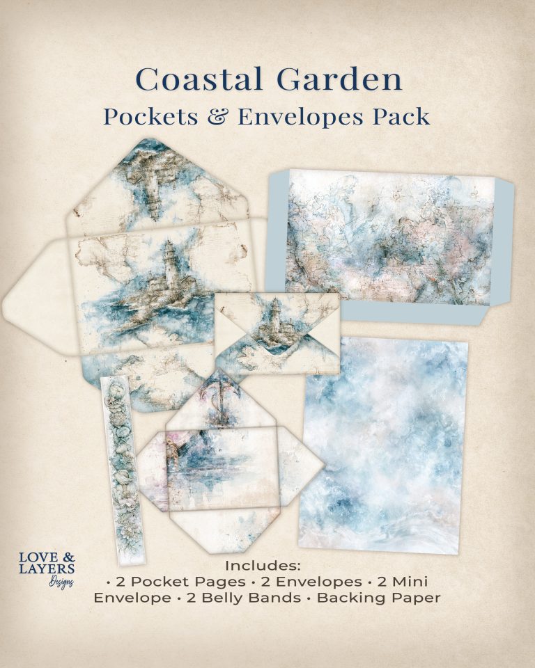 Coastal garden printable pockets and envelopes for junk journals featuring lighthouses, nautical maps, and watercolor florals